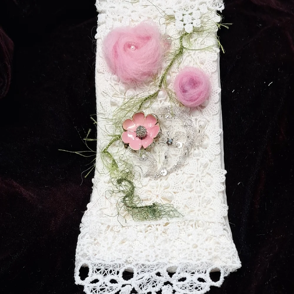 Whispers in Pink Hand-Embellished Lace Fiber Wall Art · OOAK · 11” x 3.5”